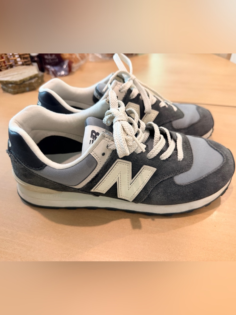 New Balance Women’s 574 Blacktop Turtledove Gray and White Suede Mesh Sneakers
